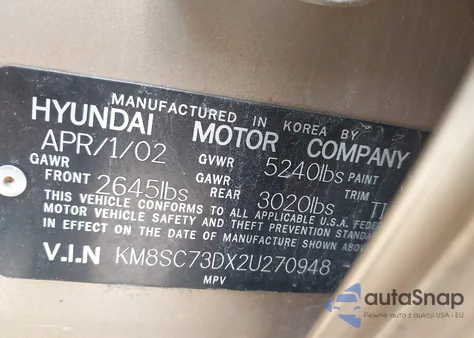 2002 Hyundai Santa Fe Gls/Lx из США, поврежденный, VIN KM8SC73DX2U270948